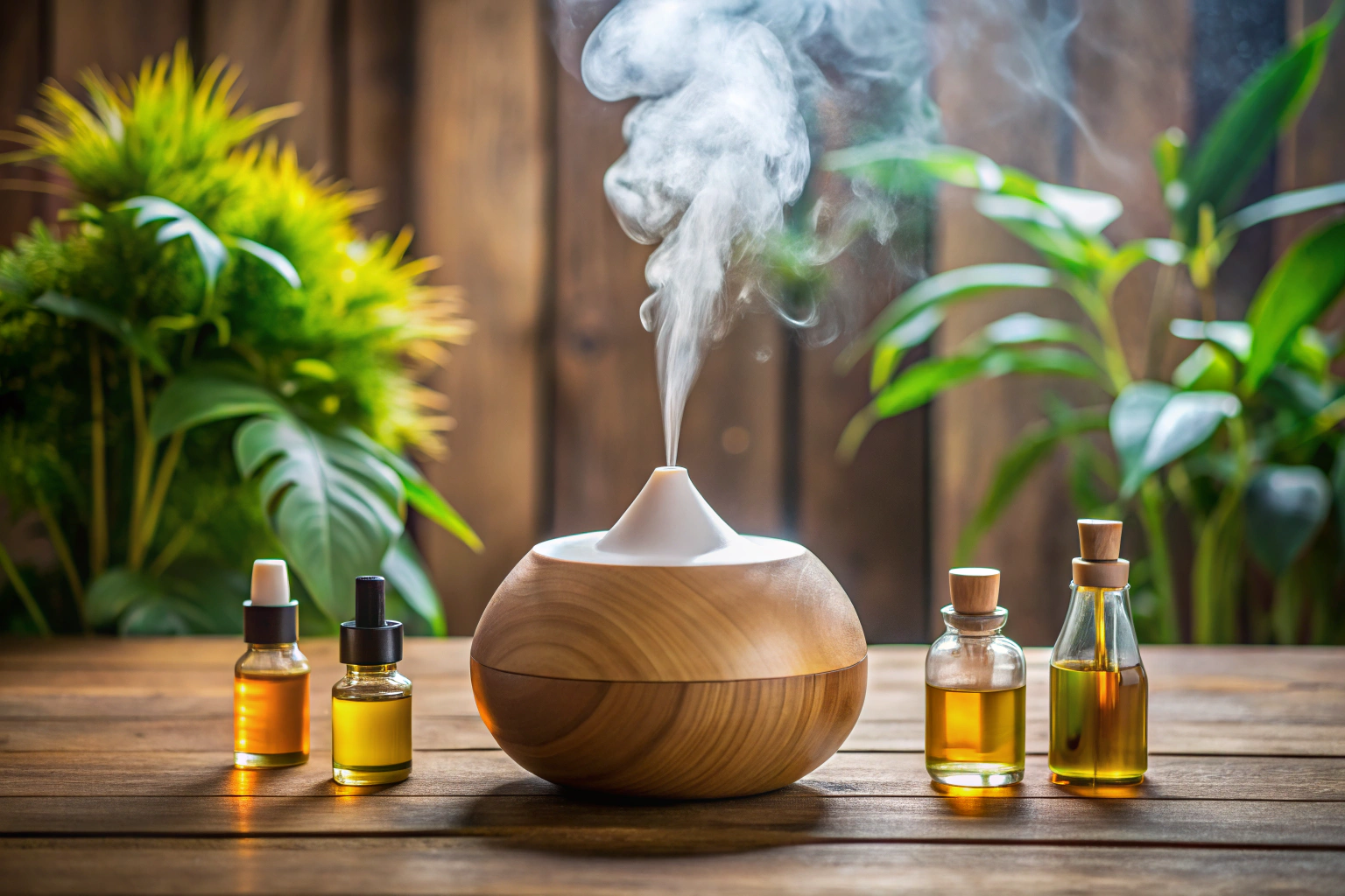Un difusor de aceites esenciales en una habitación tranquila, emitiendo un vapor suave sobre una mesa de madera, con botellas pequeñas de vidrio conteniendo líquidos coloreados, sin marcas ni texto