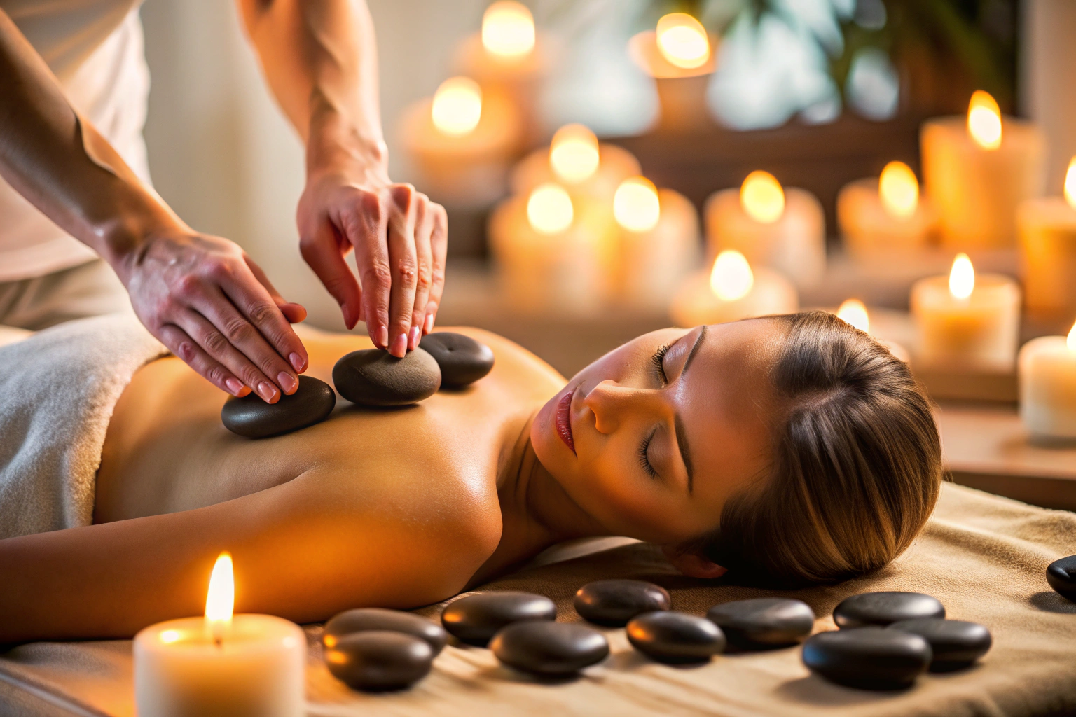 Manos realizando un masaje terapéutico con piedras calientes en una espalda, en un ambiente tranquilo con velas y música suave de fondo