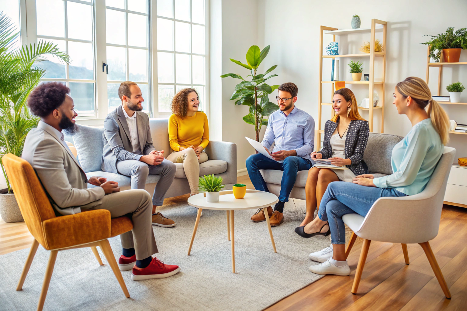 Un grupo diverso de terapeutas en una sala de consulta luminosa, interactuando de manera relajada y profesional, con muebles cómodos y decoración neutral que transmite calma