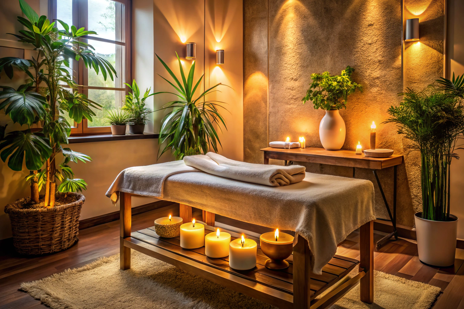 Una sala de spa tranquila con iluminación cálida, una camilla de masaje con toallas suaves y un ambiente relajante con velas y plantas, sin elementos de marca